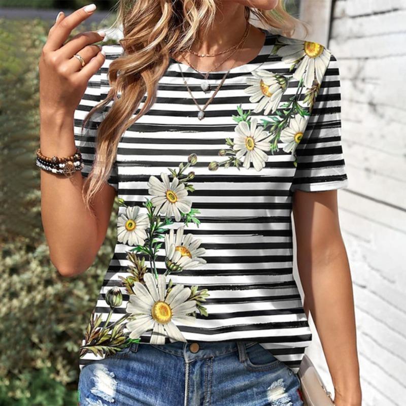 Summer Women's Fashionable Short Sleeve T-Shirts 3d Flower Print Round Neck Pullovers Loose Casual Tops Trendy Women Clothing