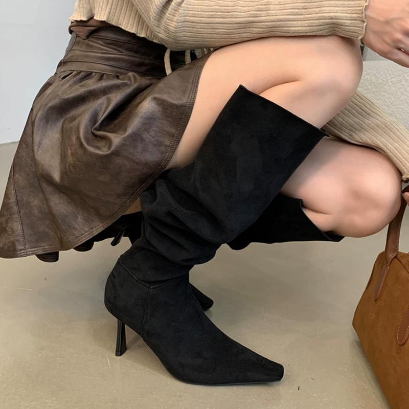 Designer Autumn Winter Vintage Thin Heels Women Knee High Boots Fashion Sexy Pointed Toe Stripper Party Shoes Zapatos De Mujes