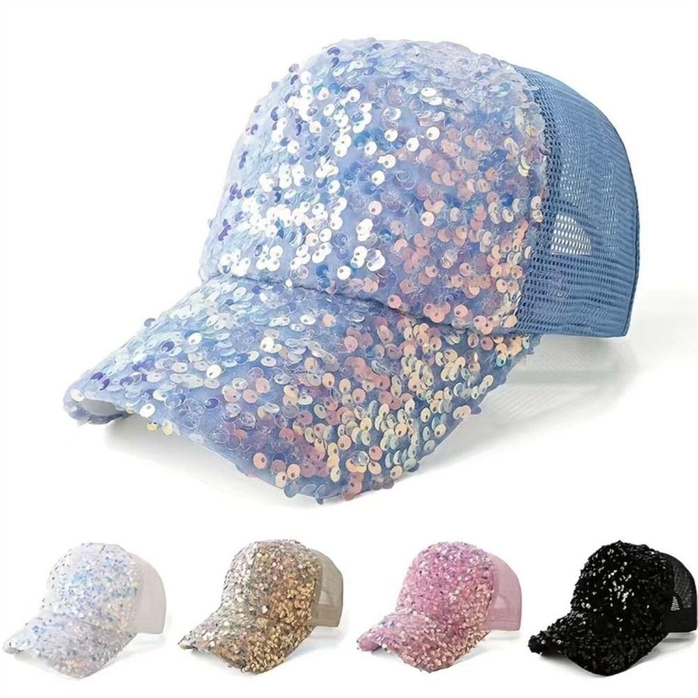 Shiny Sequins Baseball Cap Adjustable Mesh Snapback Caps Korean Glitter Peaked Cap Decorated