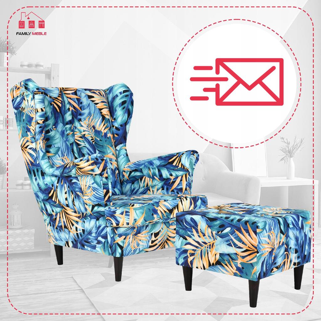 Křeslo ušák ARI PRINT s podnožkou, skandinávský Family Meble monstera