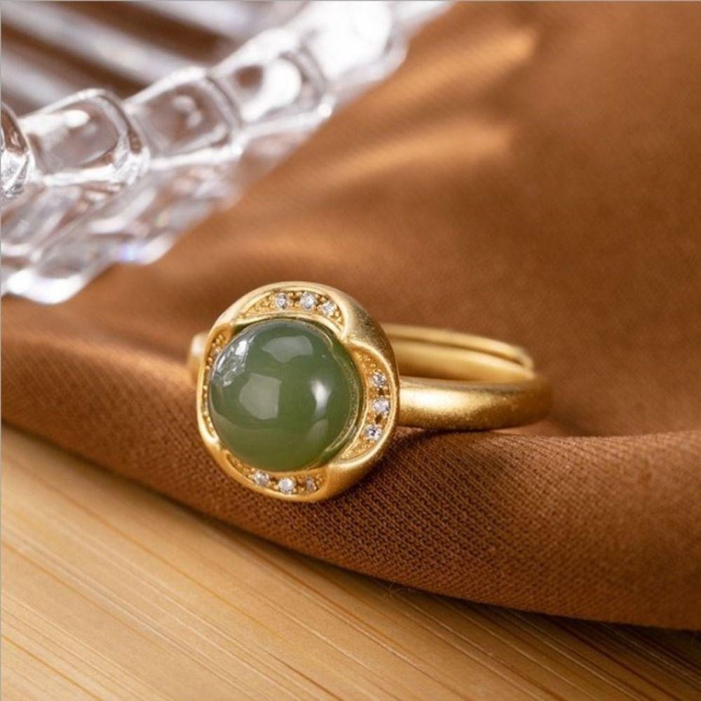Green Geometric Finger Buckle  Beads Ring   Ring Women Open Ring Chinese Style Ring