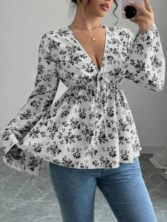 2025 Autumn/Winter Women's High-Waisted Floral Print Shirt - European & American Sweet Style