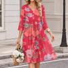 Women's Floral Print V-Neck Casual 3/4 Sleeve Dress