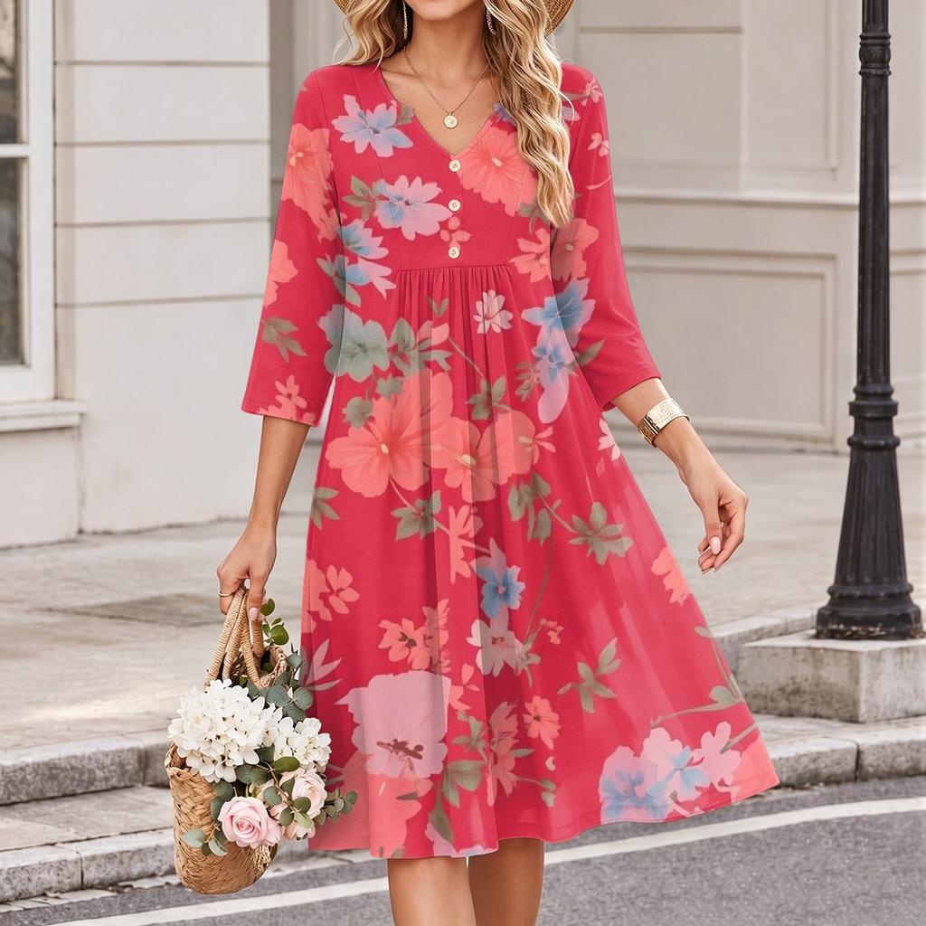 Women's Floral Print V-Neck Casual 3/4 Sleeve Dress