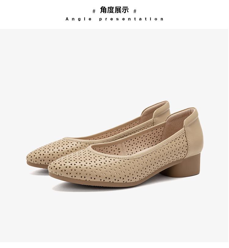 [Cowhide] Simple Chinese style single shoe with hollowed out thick heel, comfortable casual women's leather shoes, elegant wedding shoes