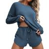 Damen Waffelstrick Pyjama Set Lässiges Langarm Oberteil und Shorts Nachtwäsche 2-teiliges Pjs Lounge Set mit Taschen
