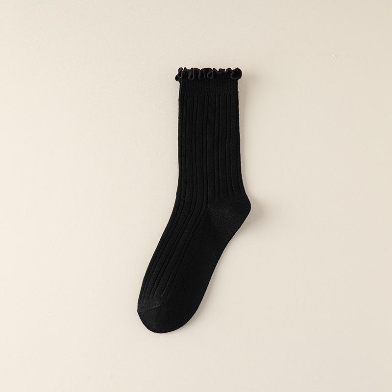 Boneless Socks, Women's Summer Breathable Cotton Socks, Solid Color Mid-calf Socks, Black Fungus Lace, Spring and Autumn Pile Socks