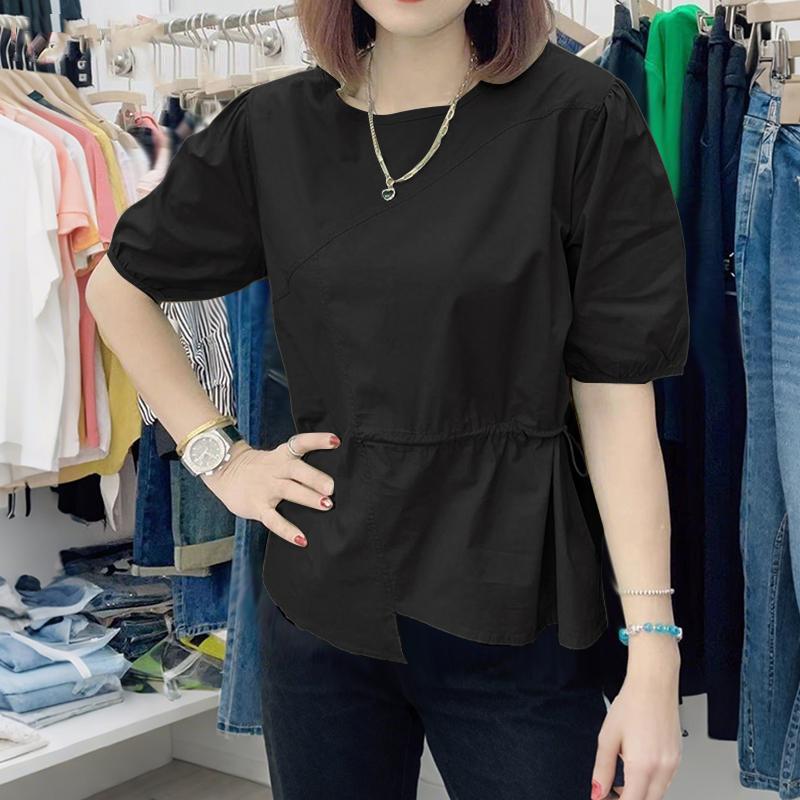 

ZANZEA Женская повседневная блузка с круглым вырезом, свободная, летняя, с рукавом три четверти L чёрный