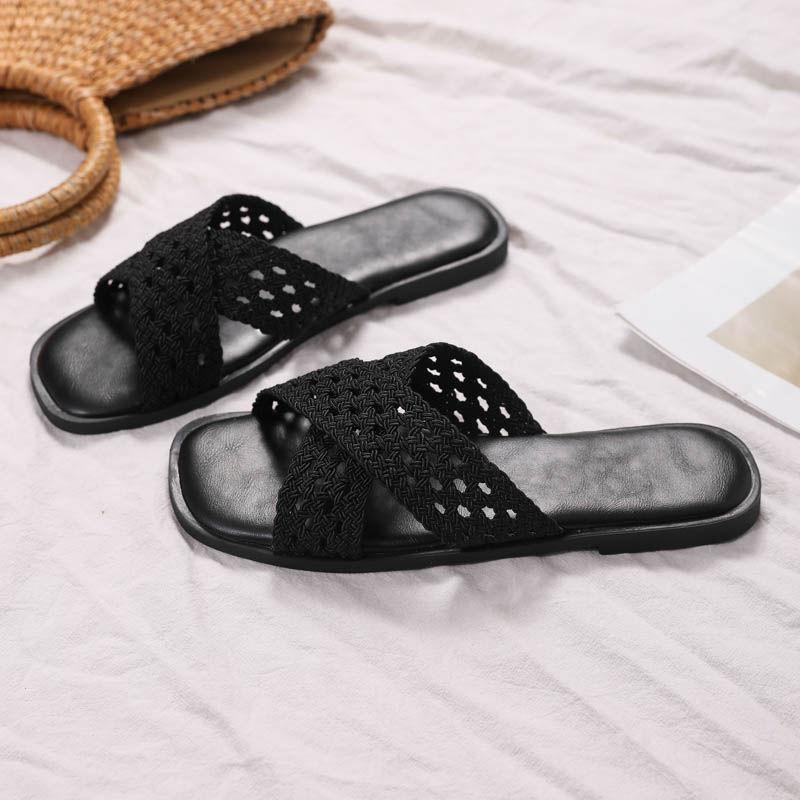 Woven Flat-bottomed Crossed French Holiday Cool Slippers Women's Summer Wear Fashion 2025 New Seaside Beach Shoes