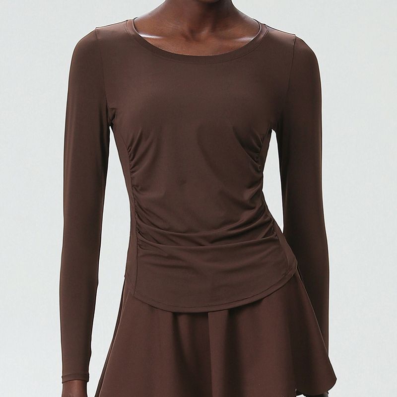 

Milk Leather Yoga Long Sleeves Tops Lace Sports Pocket Short Skirt Wave Tennis Skirt Running Workout Outfit Women Espresso Long sleeves L