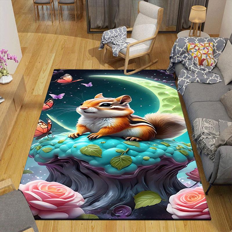 1pc Squirrel under the moon Print Design Area Rug - Soft, Anti-Slip, and Durable Gaming Room Decor for Bedroom