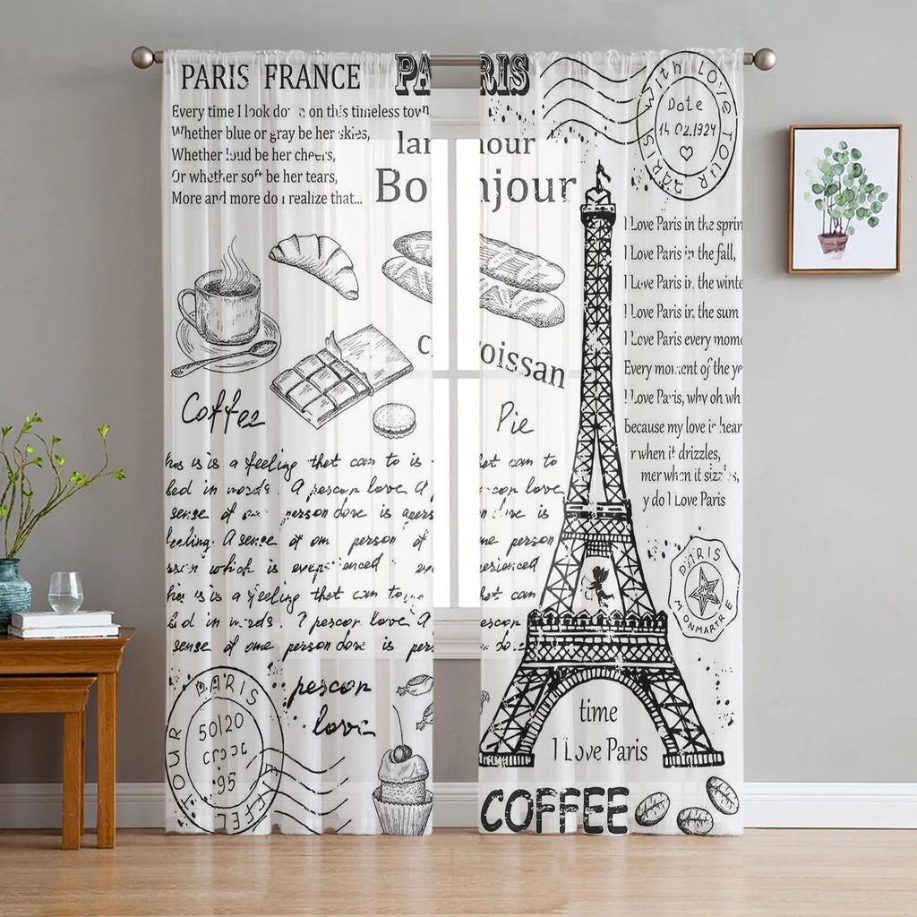 Black And White Paris Drawing Tulle Curtains for Living Room Drapes Window Sheer Modern Curtains for Bedroom Decor