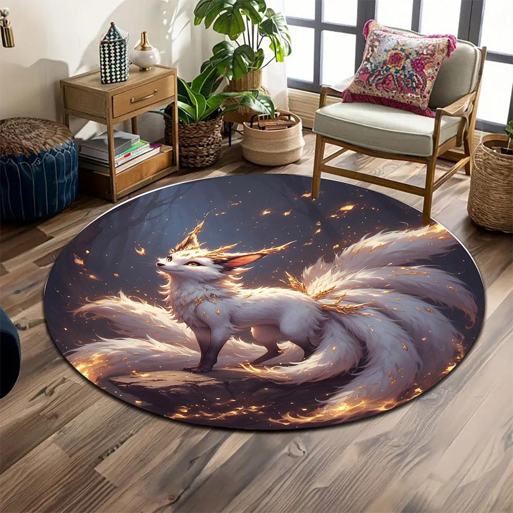Mystical Nine-Tailed Fox Design Print round rug, living room, bedroom, playroom carpet, non slip floor mat, gift