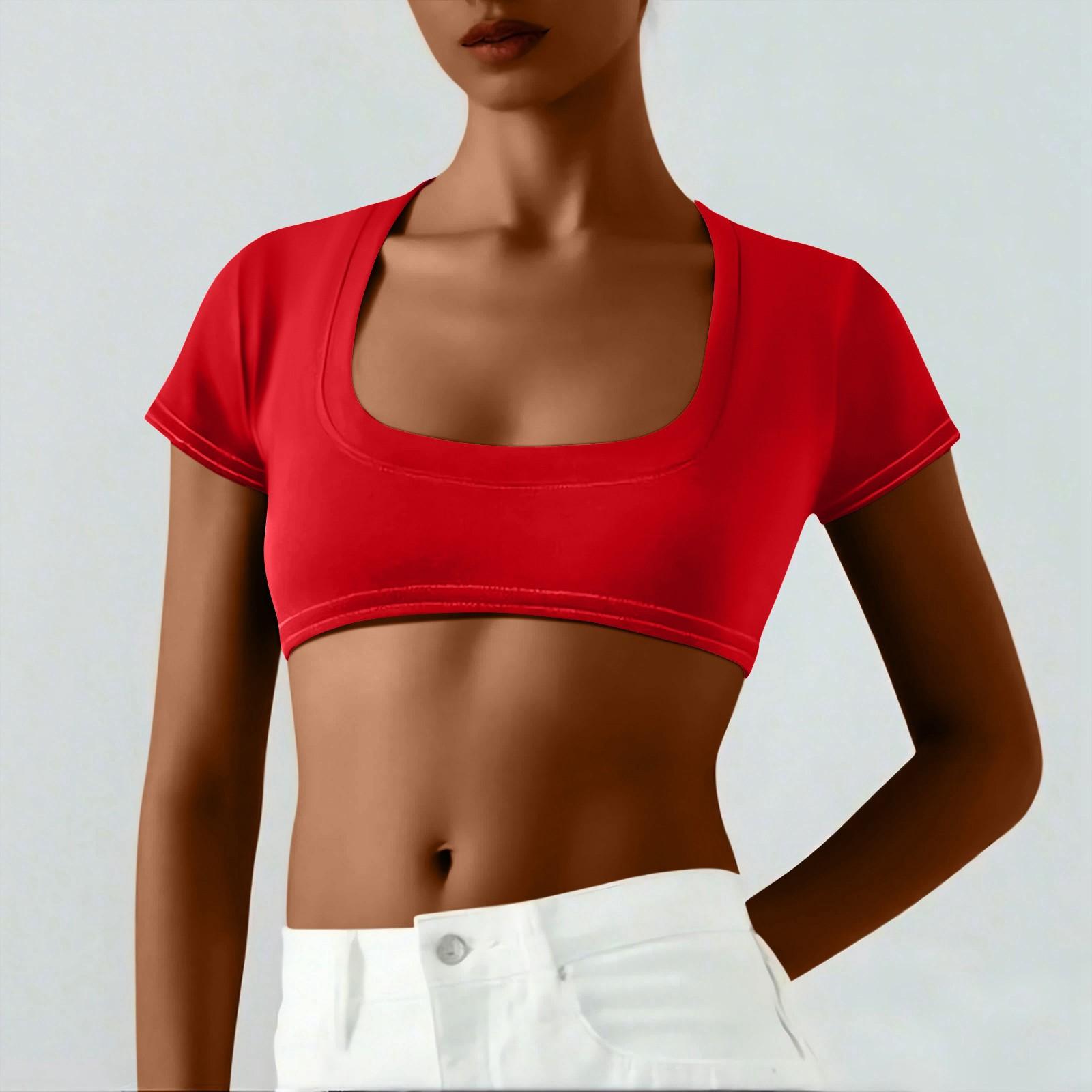 

Жіноча суцільна одноколірна коротка футболка з грудьми у два юані Мила денна сексуальна коротка футболка з коротким рукавом S червоний