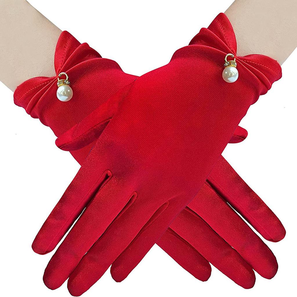 Satins Gloves Evening Gown Gloves with Pearls Decors Wedding Bride Gloves for Formal Occasion Stage Props Hand Gloves