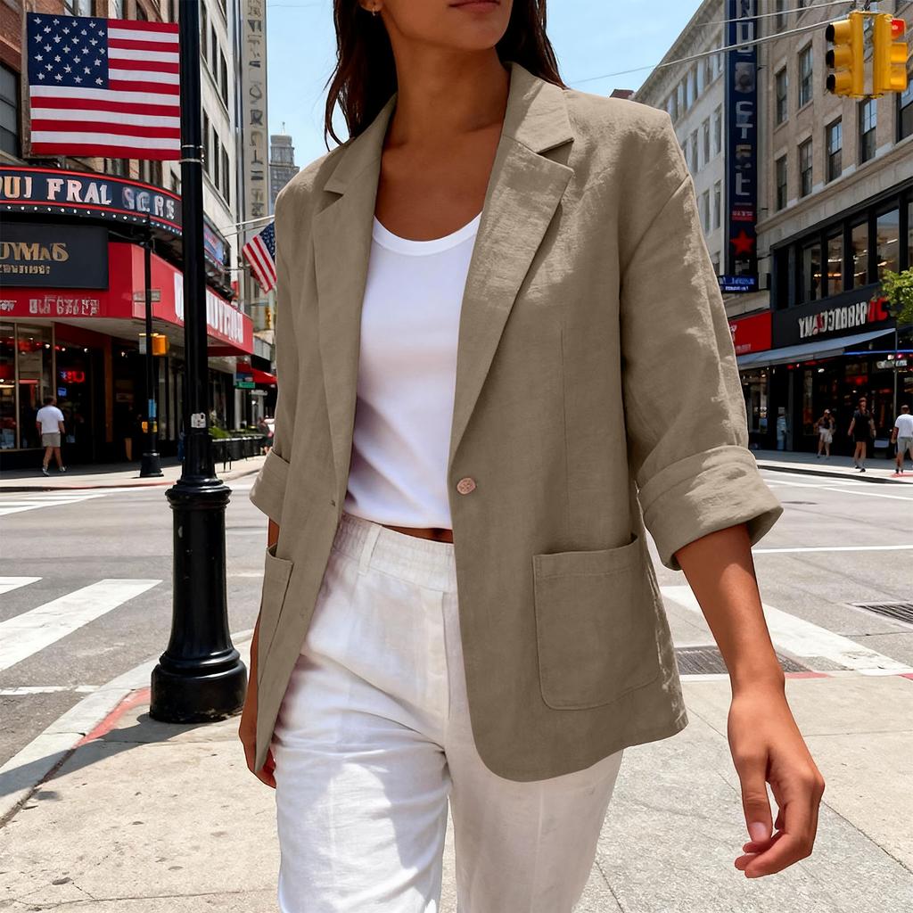Women's Casual Linen-Cotton Cardigan with Pockets and Seven-Eighths Sleeve