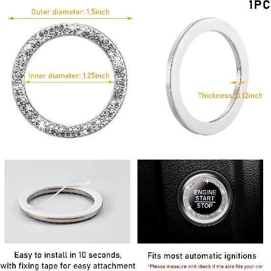 Inel decorativ pentru pornirea motorului auto cu stras dublu din cristal strălucitor, autocolant strălucitor pentru buton de pornire, cheie de aprindere și; Inel decorativ pentru buton, strălucitor