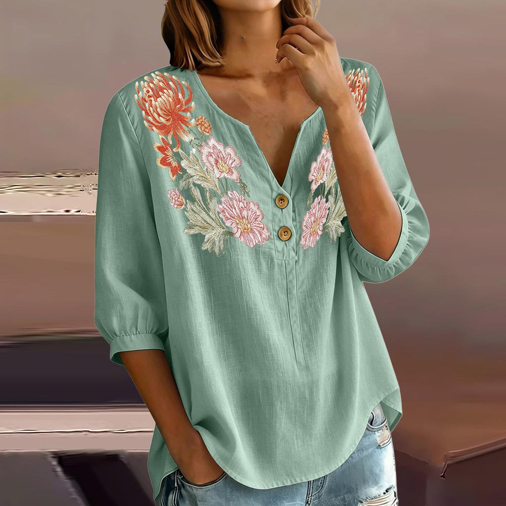 Damen Blumenstickerei Henley-Kragen Knopfleiste Hemd Dreiviertelarm Baumwolle Leinen Oberteil Lässige Bluse