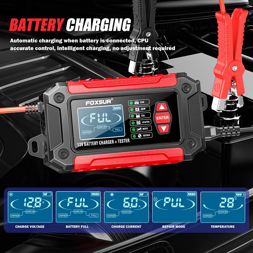 FOXSUR Car Battery Charger 12V 6A FTC-1206 Motorcycle Truck AGM LiFePO4 Lead Acid Batteries Maintainer Digital LCD Display