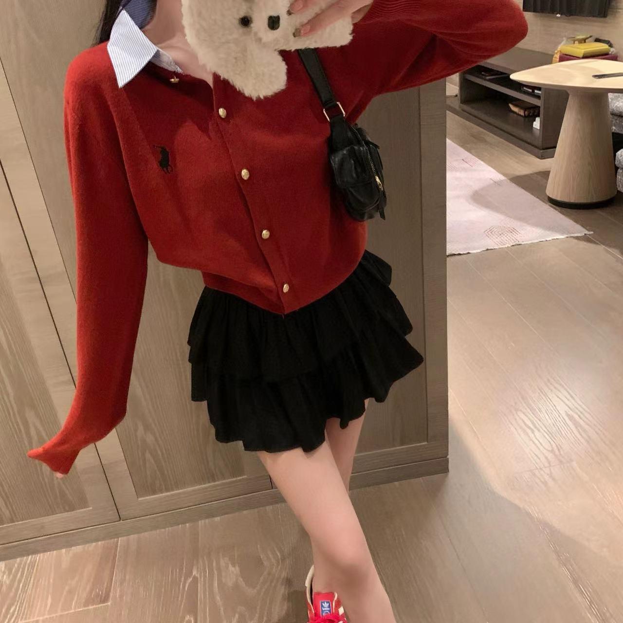 

Женский вязаный кардиган Ralph Lauren в стиле пэчворк с вышивкой и воротником поло One Size Fits All (80-125kg) красный