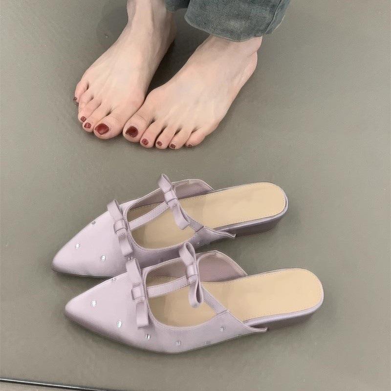 Gentle Fairy Bag Head Half Slippers Temperament Elegant Satin Bow Pointed Wedge Heel Slippers