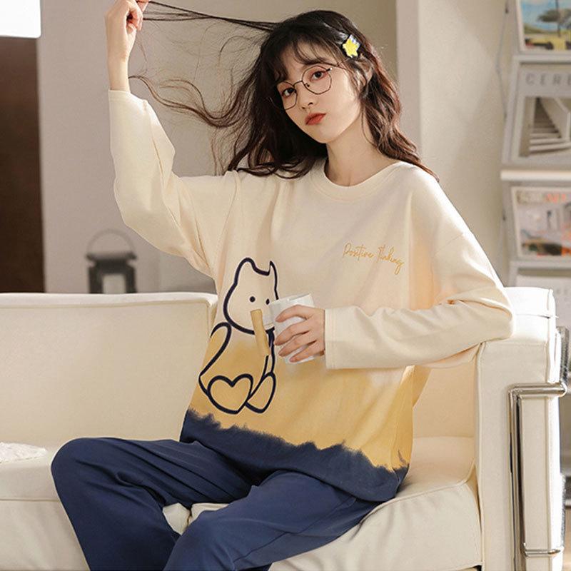 Autumn and Spring Long-Sleeve Women's Home Wear Pants Cartoon Set Pajamas for Ladies