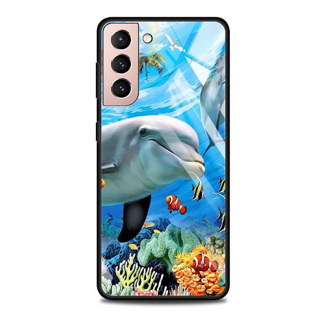 Blue Sea Animal Cute Dolphin Glass Case For Samsung Galaxy S21 S20 Ultra S10 Plus Lite S20fe 5g S10e S9 S8 Bumper Cover Funda