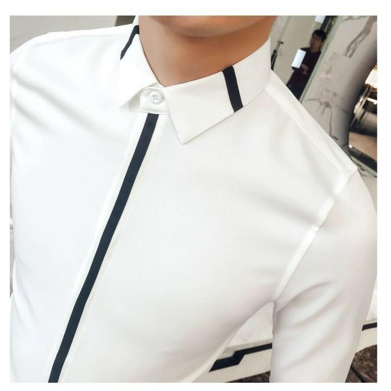 Men's Slim Fit Long Sleeve Shirt Contrast Red Striped Lapel Formal Casual Business Top