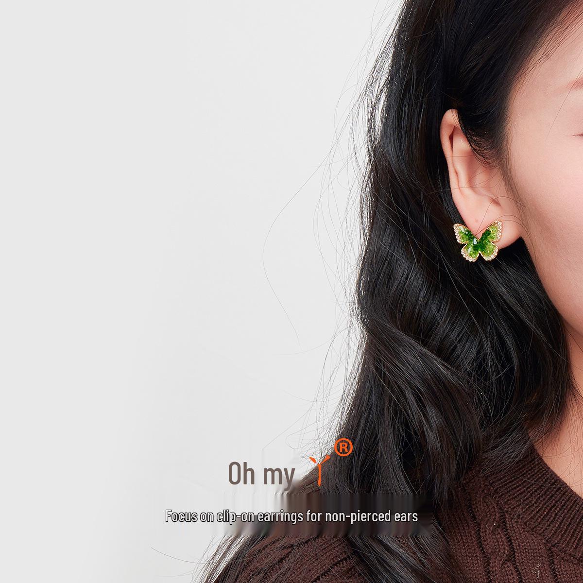 

The Wizard of Oz Zhao Lusi Green Crystal Butterfly Earrings - Non-Pierced, Unique Design Green Stud Pair [Gold-plated Copper]