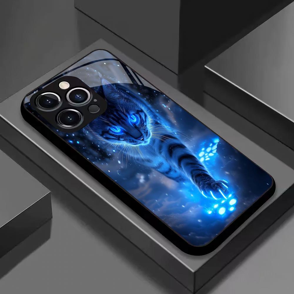 Blue Light Cat Tempered Glass Phone Case Suitable for iPhone17 16 15 14 13 12 11Pro Max Plus Anti Drop and Shockproof Back Cover