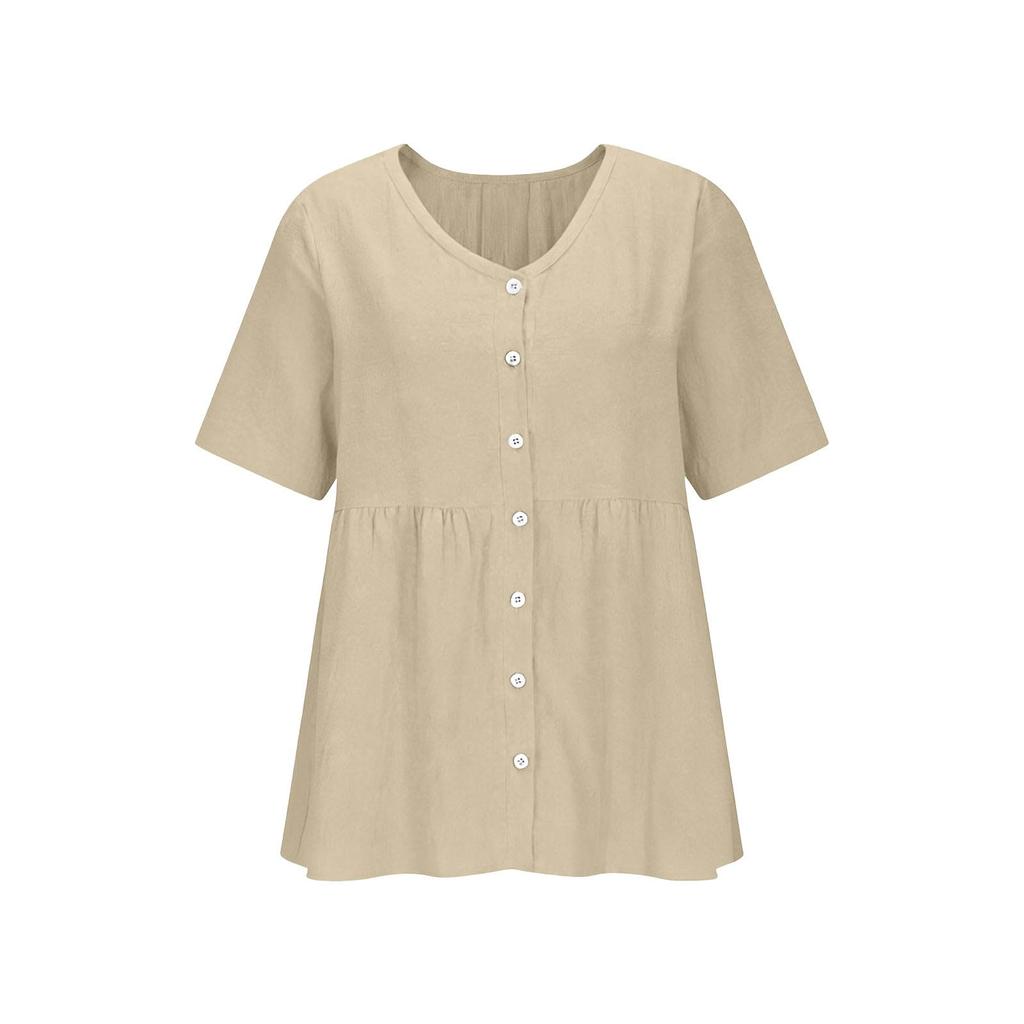 Women's Fashion V-Neck Button-Down Short-Sleeve -Color Casual Top