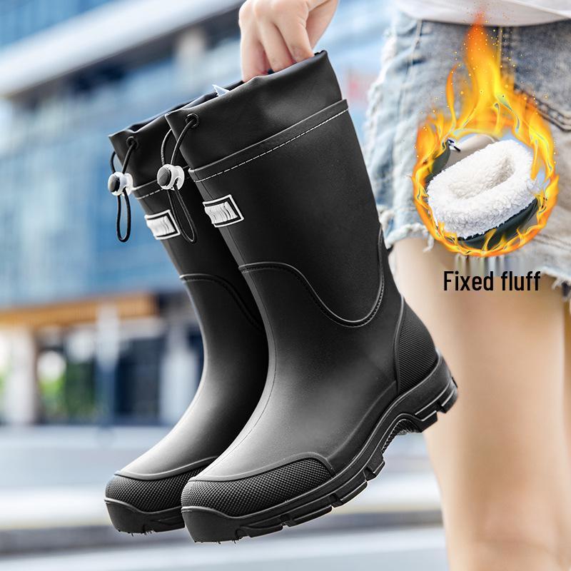 Unisex Mid-Calf Waterproof Drawstring Rain Boots - Lightweight Non-Slip Rubber Shoes