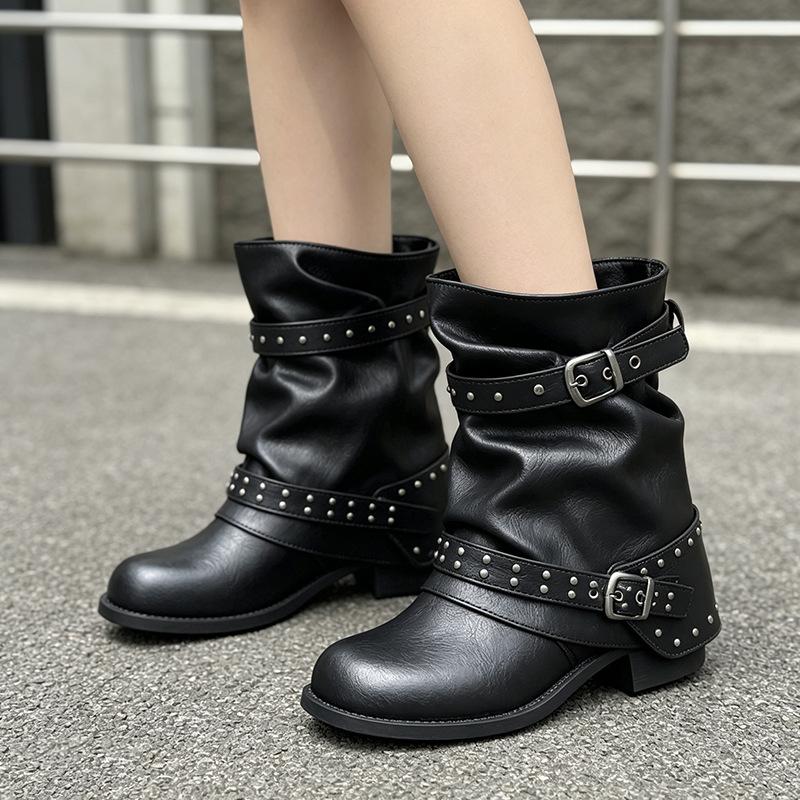 Rivet belt buckle trouser tube boots women's new autumn pleated stacking boots thick heel medium tube short boots women's western boots