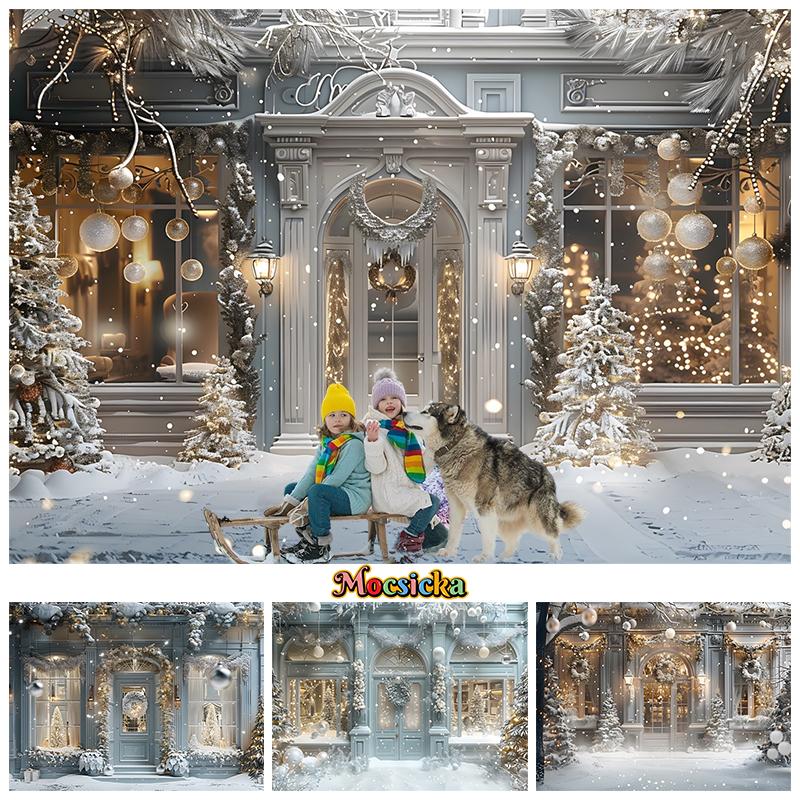 Merry Christmas Backgrounds For Photographs White Snow House Tree Children Shooting Props Decorations Backdrops Studio Photocall