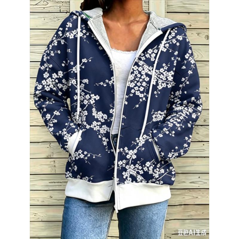 Felpa con cerniera, patchwork, alla moda, larga, casual da donna, stampa floreale, moda primavera ed estate