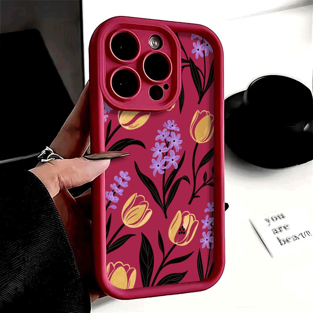 Gold Tulips with Purple Flowers Phone Case for Xiaomi Redmi Note 14 13 12 11 10 9 8 7 Pro Shockproof Anti-Slip Soft TPU Cover