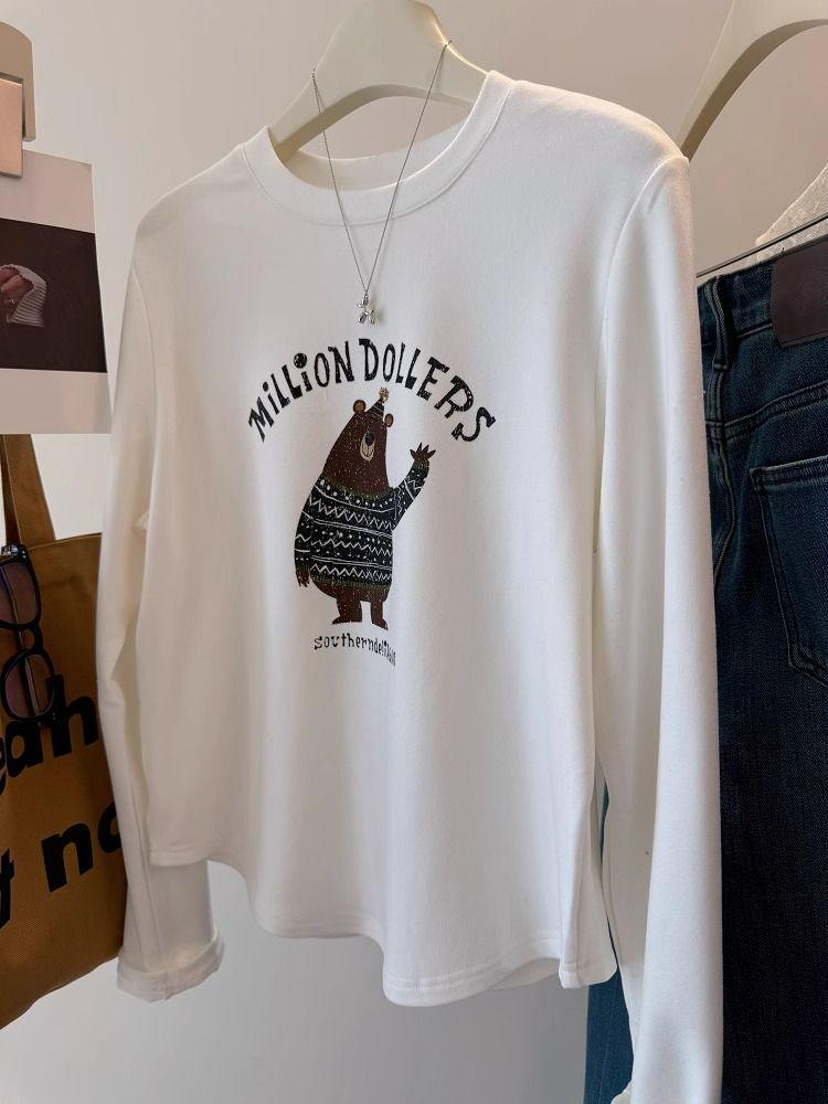 

Korean Cartoon Bear Print Cotton T-shirt for Women - Winter 2025 Slim Fit, Round Neck XL білий