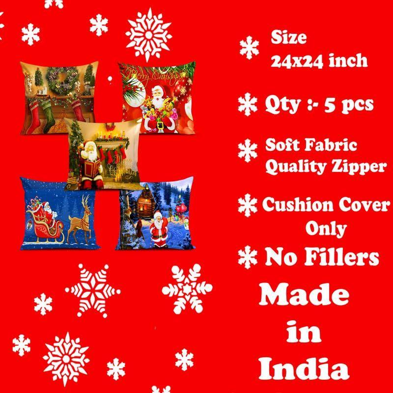 Soft Fabric Designer Decorative Printed Merry Christmas Theme Cushion Cover Xmas Decorations for Sofa Living Room Set of 5 24 X 24 Inch Multi