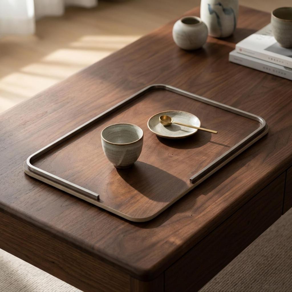 Wooden Tray with Metal Trim Slimline Rectangular Large for Coffee Table
