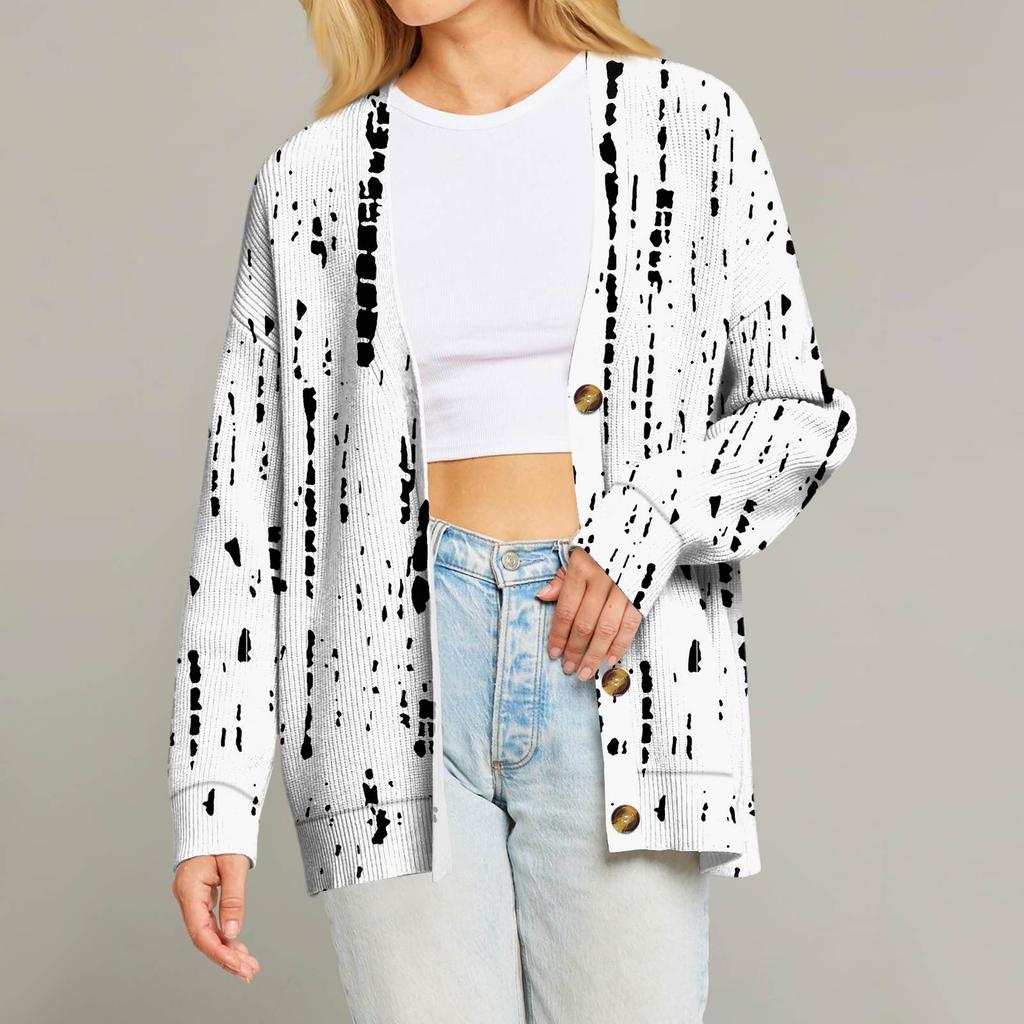 Women's Fashion Long Sleeve Print V-Neck Button Loose Cardigan Top