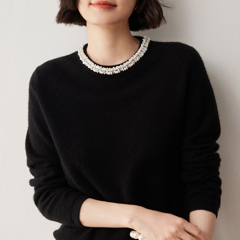 Women's Rhinestone Cashmere Sweater: Round Neck, Loose Fit, Flat Knit, Stylish Autumn/Winter Pullover