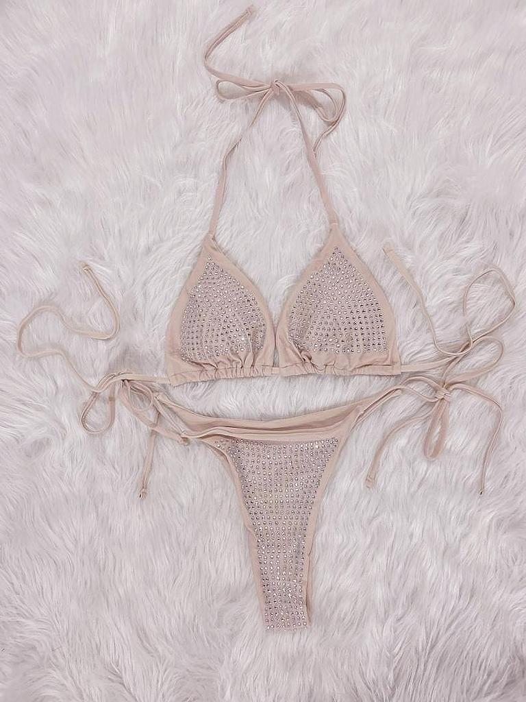 2023 European & American Sexy Rhinestone Strappy Bikini Set - Solid Color Beach Vacation Women's Swimwear
