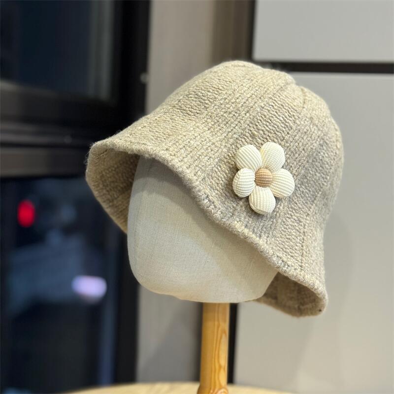 Flower Knitted Versatile Bucket Hat Women Autumn and Winter Show Washbasin Hat Big Head Circumference Warm Bucket Hat Tide