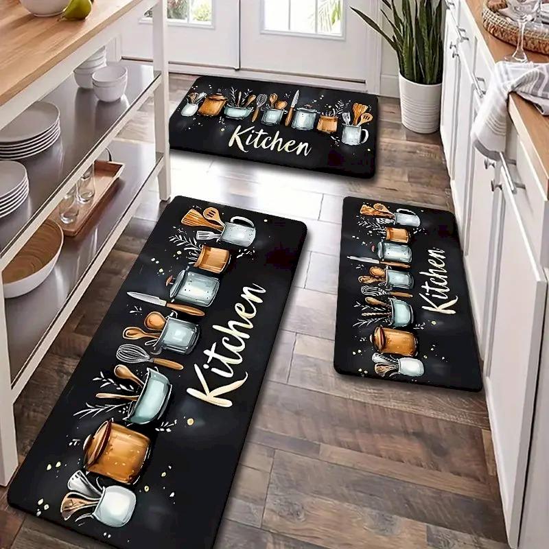Kitchen Utensil Rug Set,Non Slip Oil Absorb Washable Anti Fatigue Mat,Black Letter Kitchen Entry Decor Floor Rug