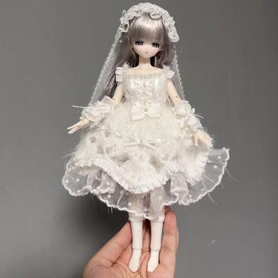 6-inch BJD Doll Outfit White Wedding Dress Set With Veil Sleeves Headband Azone OB22