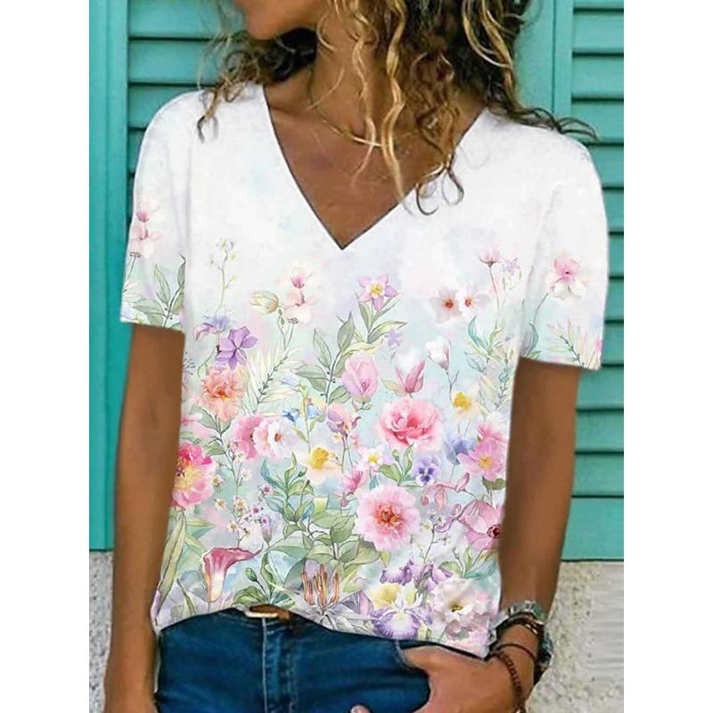 Damen Retro V-Ausschnitt Kurzarm T-Shirt, Nische Sommer Casual Locker T-Shirt