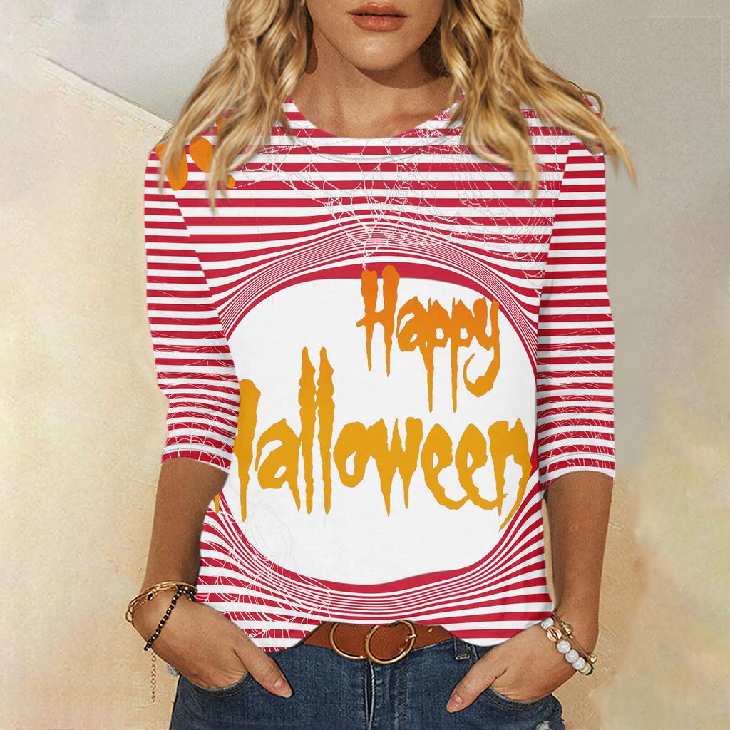 2024 New Women's Halloween Long Sleeve T-Shirt Spider Web Print Round Neck Casual Basic Loose Ladies Designer Tops