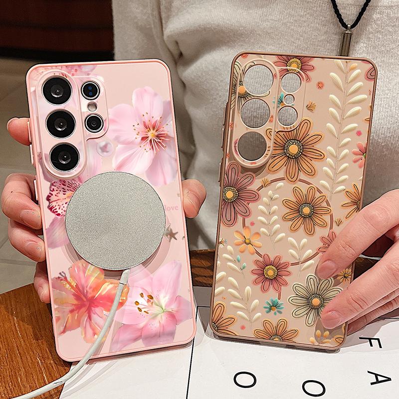 Magnetic For Magsafe Case For Samsung Galaxy S26 Ultra S25 Edge S24 Plus S23 FE S22 A17 A54 A55 A56 A57 5G Pink Lily Daisies Floral Cover