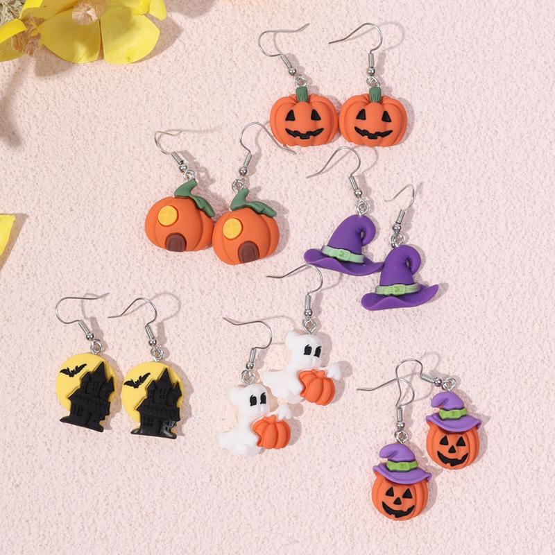 Hiphop Halloween Earrings Women Bat Pumpkin Lamp Spider Web Witch Hat Ghost Pendant Ear Dangle Earrings Wholesale Resin Jewelry