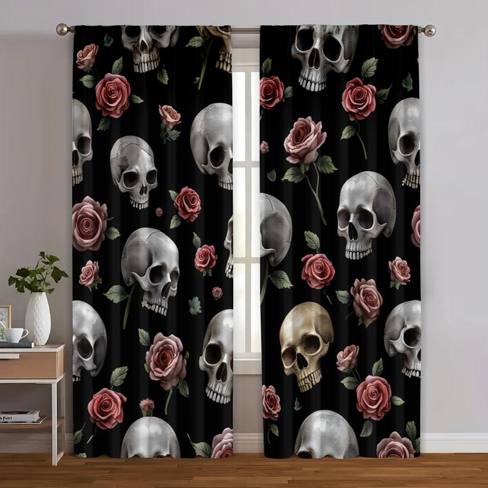 

2 шт., Креативные шторы Серый Череп и Цветочный Пиллинг Универсальный 100% полиэстер (без удилища) Распродажа вещей Lидеально для спальни, 29x65in(75x166cm)